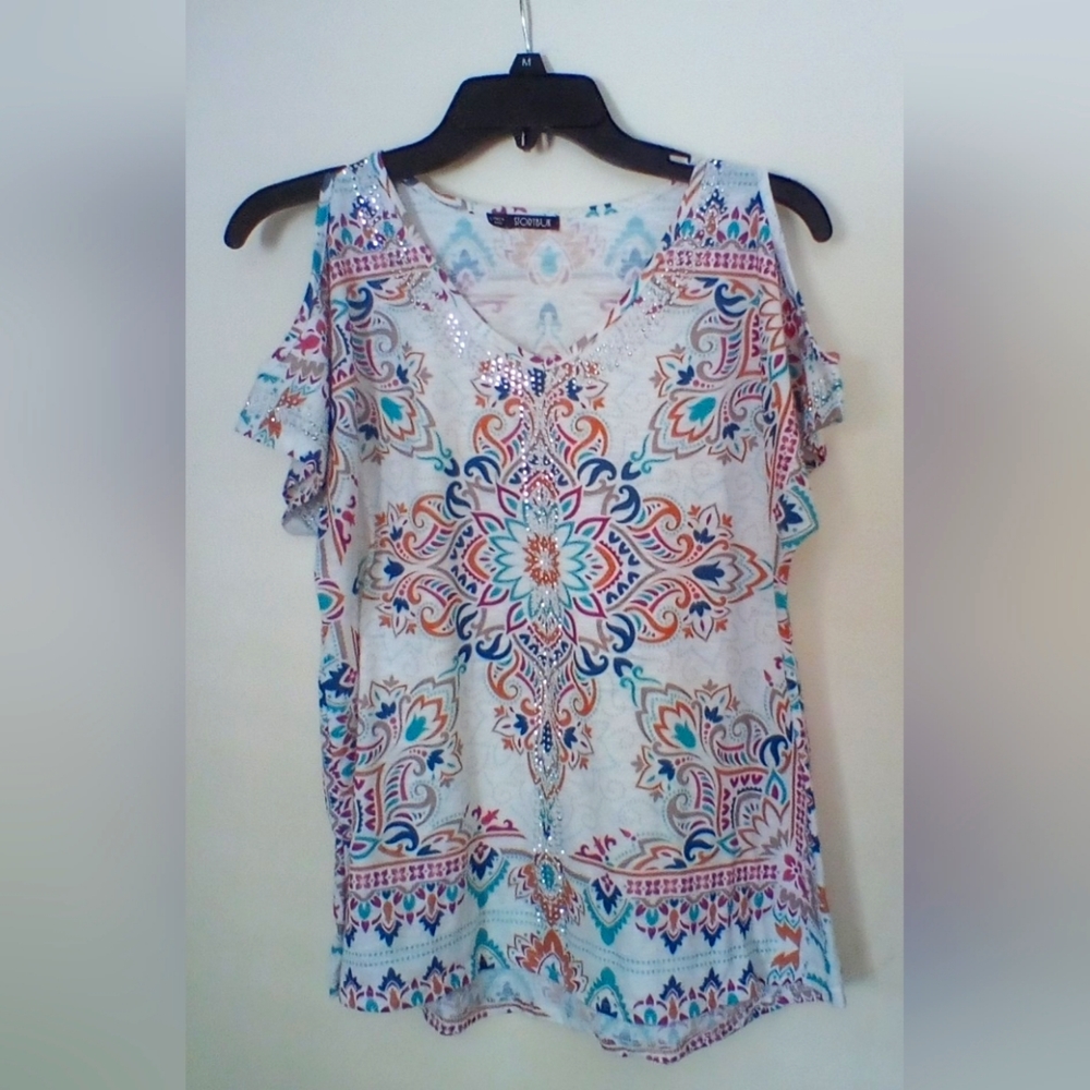 Woman/Junior -Open Shoulder Printed Rhinestone Blouse- Sm/Med